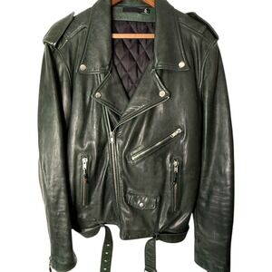 BLK DNM‎ Men's XL Black Leather Moto Biker Jacket Belted Quilted Lining
